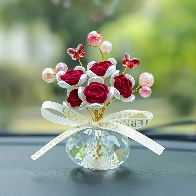 Car Accessories Oman - 1PC Crystal Glass Rose Dashboard Ornament